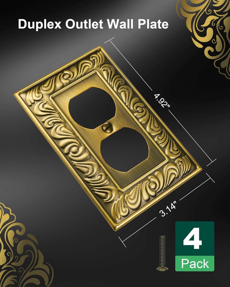 treewell 4-Pack Duplex Outlet Cover Plate, Paisley Pattern Antique Brass Metal Wall Plates for Electrical Outlets, 1 Gang Receptacle Cover, Decorative Switch Plates and Outlet Covers - Image 2